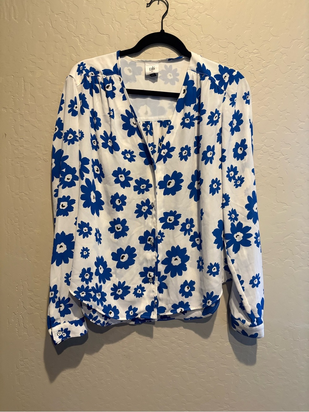 CAbi White and Blue Floral Button-Down Blouse